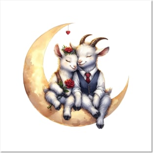 Valentine Goat Couple on Moon Posters and Art